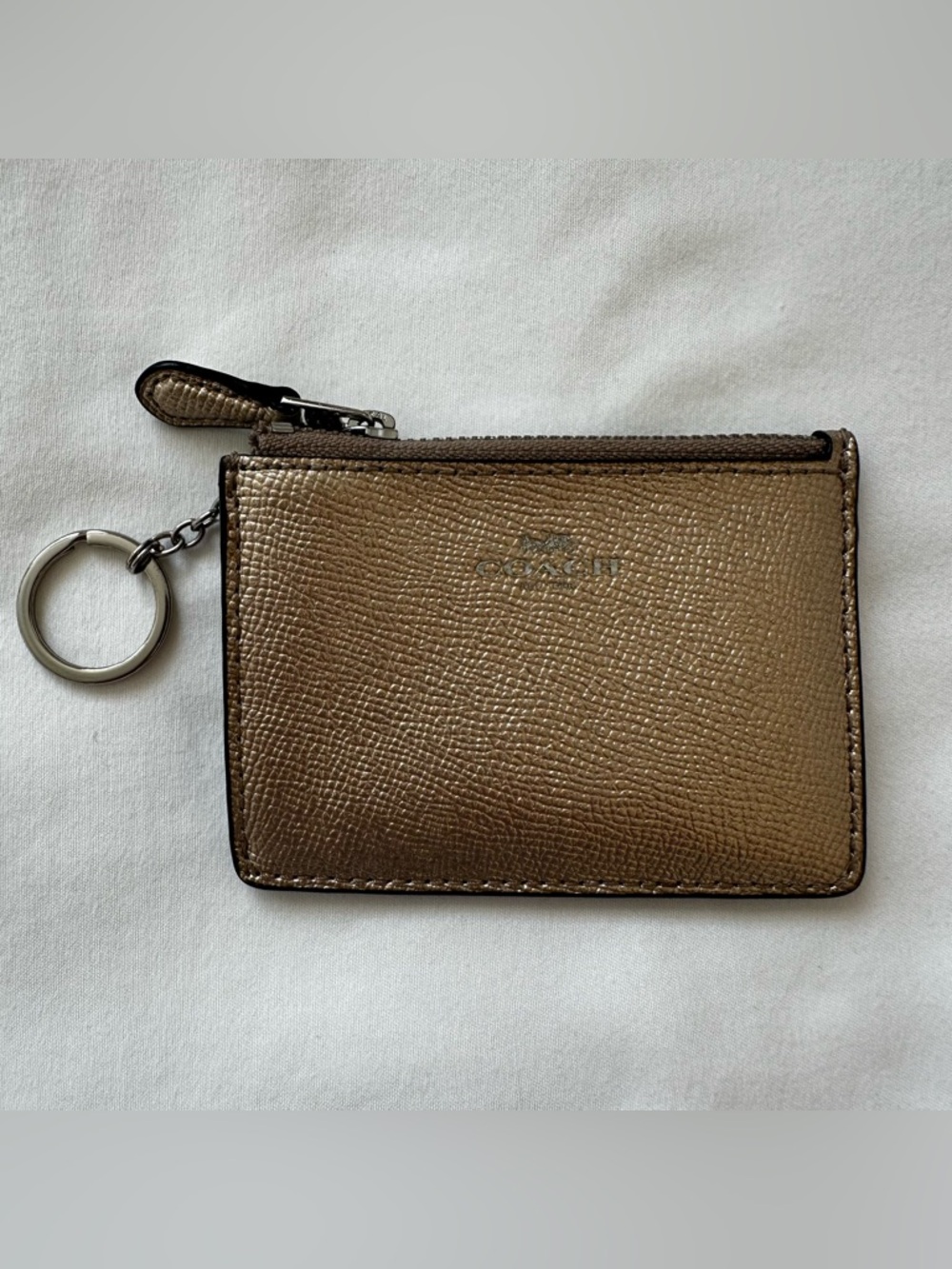 Coach Metallic Bronze Mini Skinny ID Card Case Wallet Key Ring Zip Coin Purse